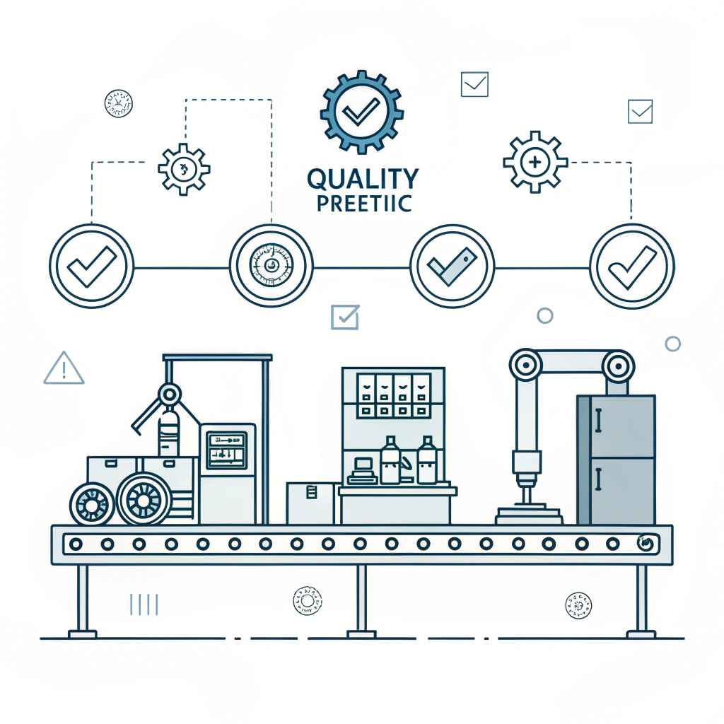 A 2D minimalist depiction of a modern production line with abstract quality control and precision manufacturing elements.