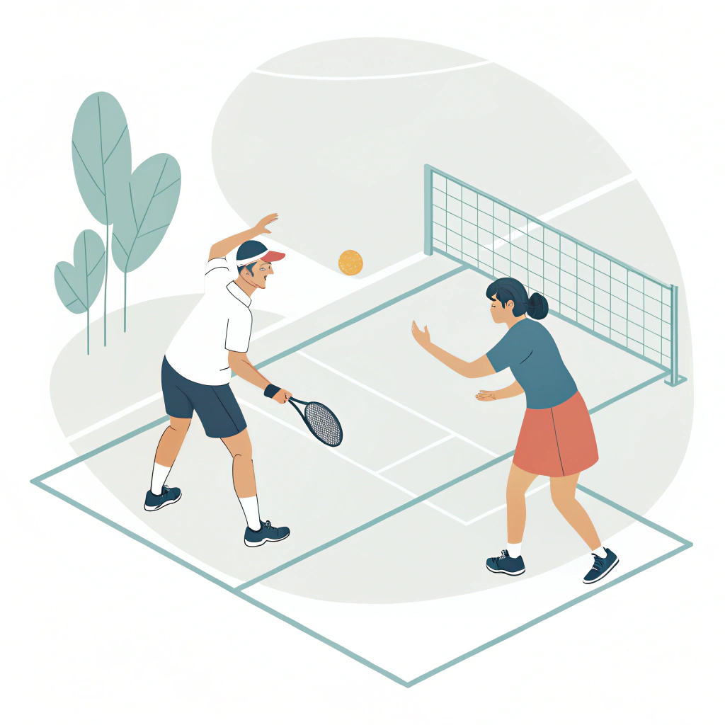 Minimal flat design illustration of pickleball players engaging socially on the court
