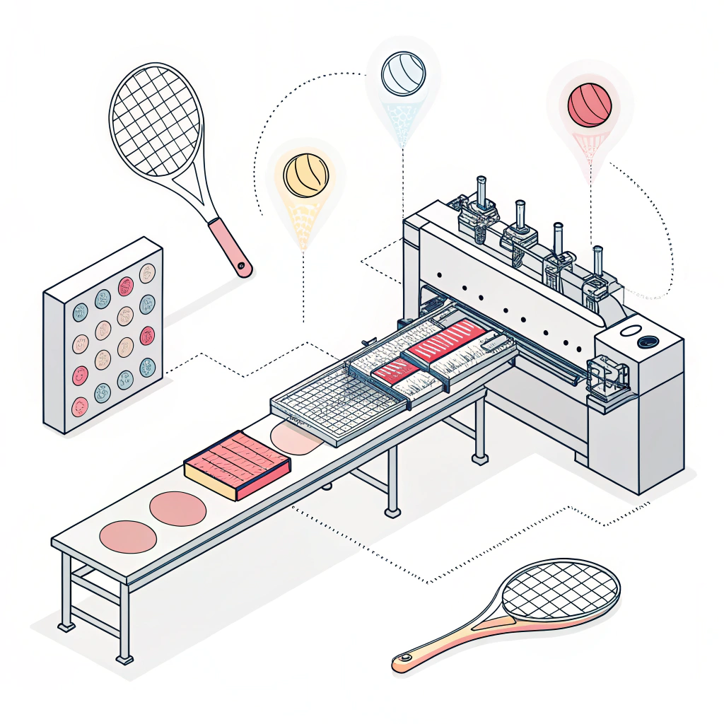 Minimalistic 2D illustration of paddle manufacturing with abstract production equipment