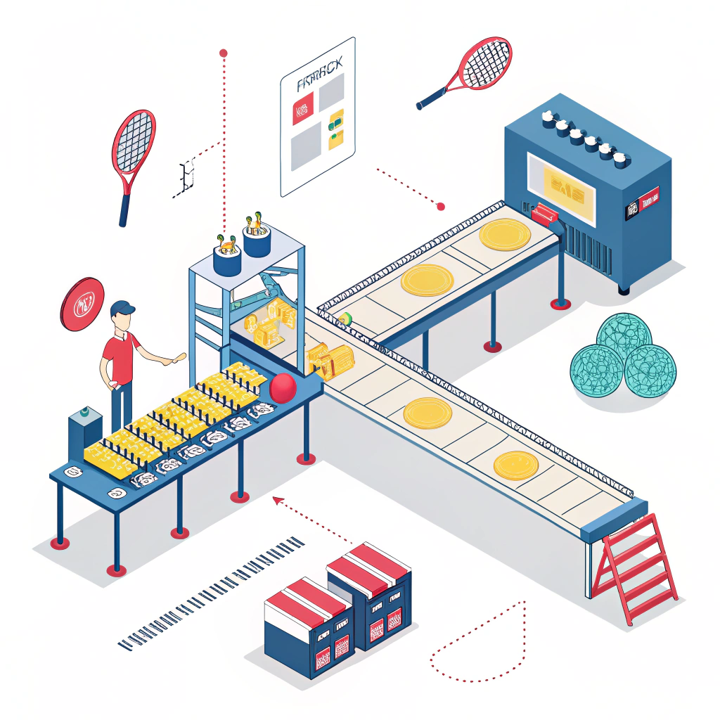 Minimal flat design illustration of a manufacturing production line for pickleball paddles.