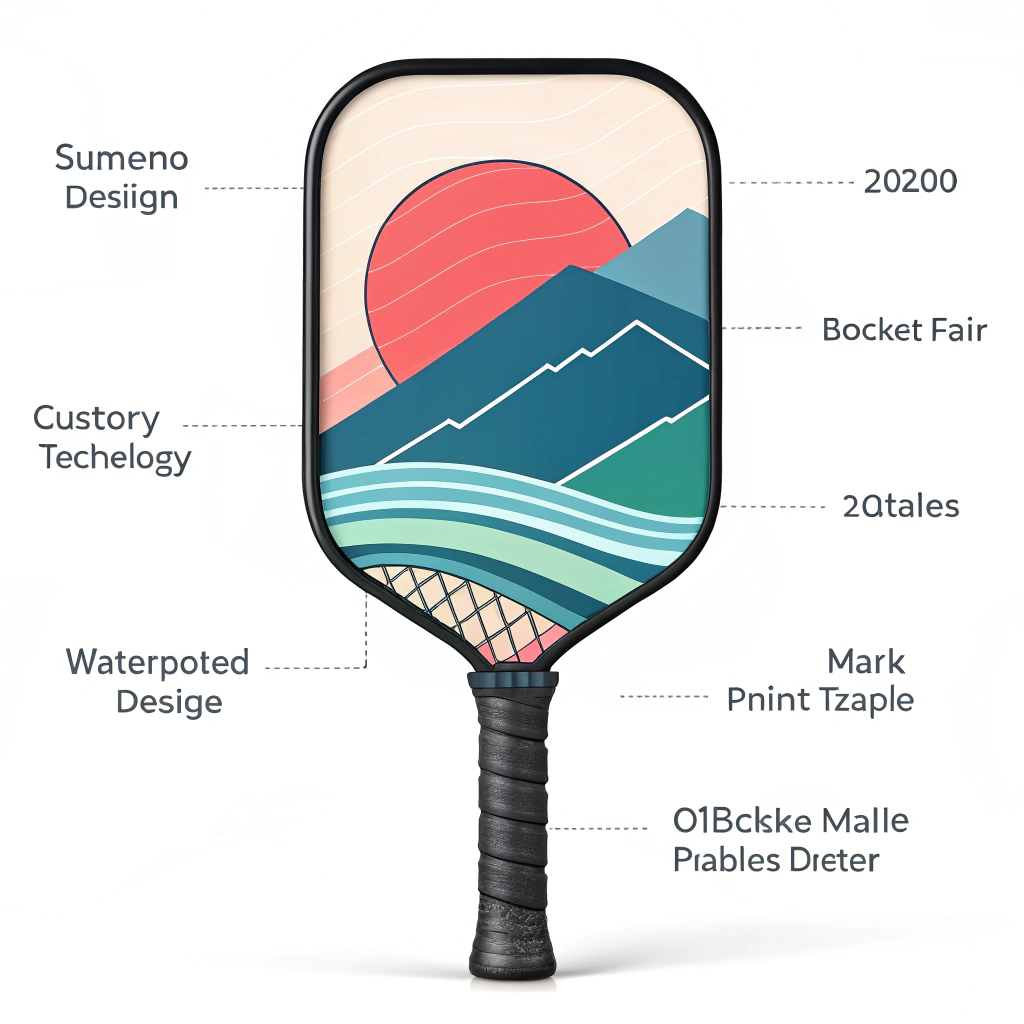Minimal flat illustration of a pickleball paddle with vibrant, custom graphics.
