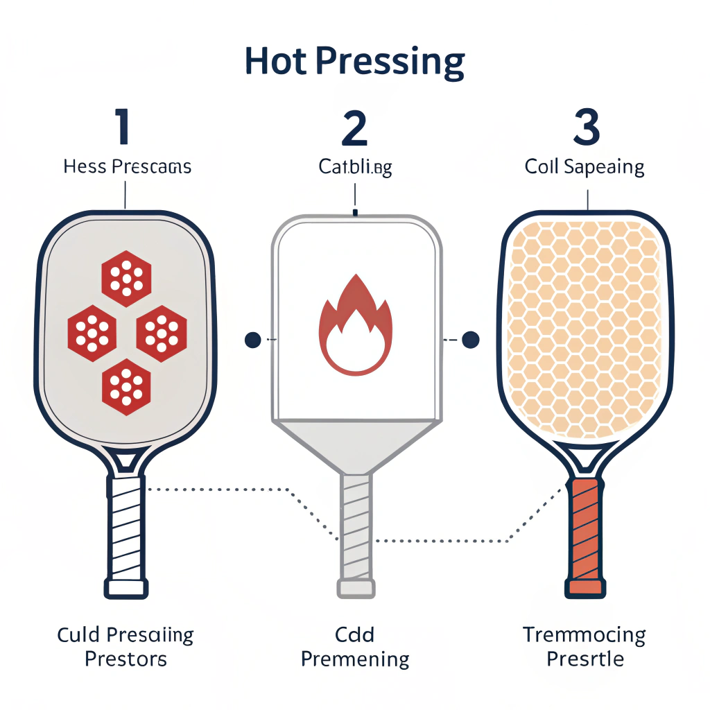 Minimalist 2D illustration of three production processes for pickleball paddles