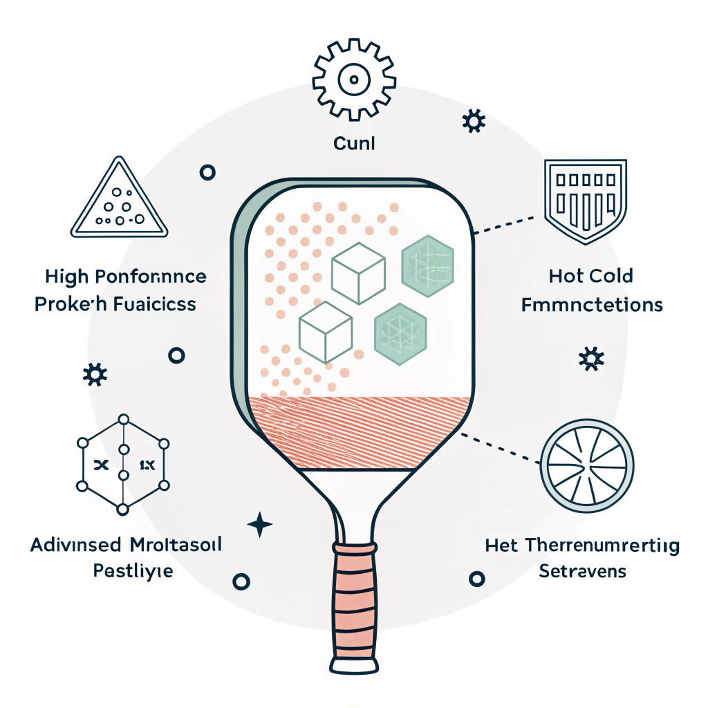 Minimalist 2D illustration of advanced pickleball paddle manufacturing processes