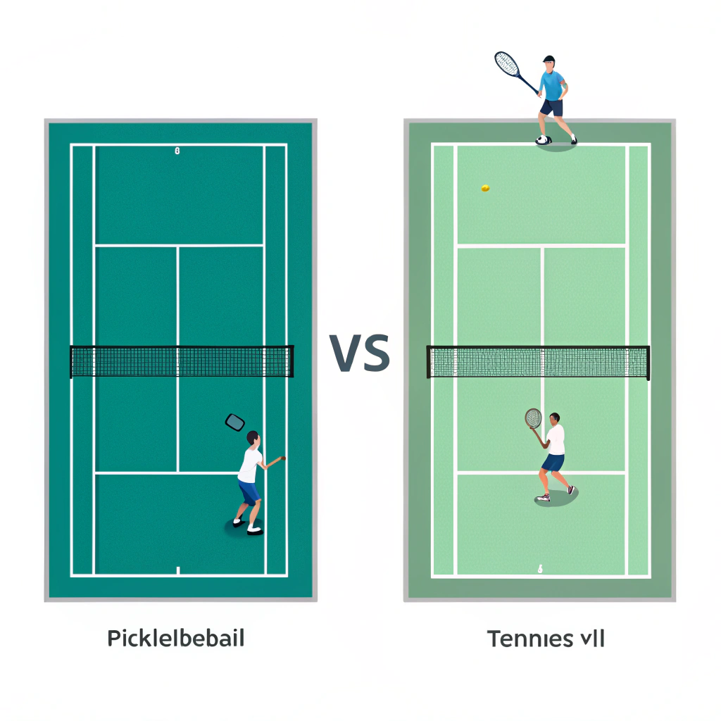 2D minimalist illustration showing pickleball and tennis court differences