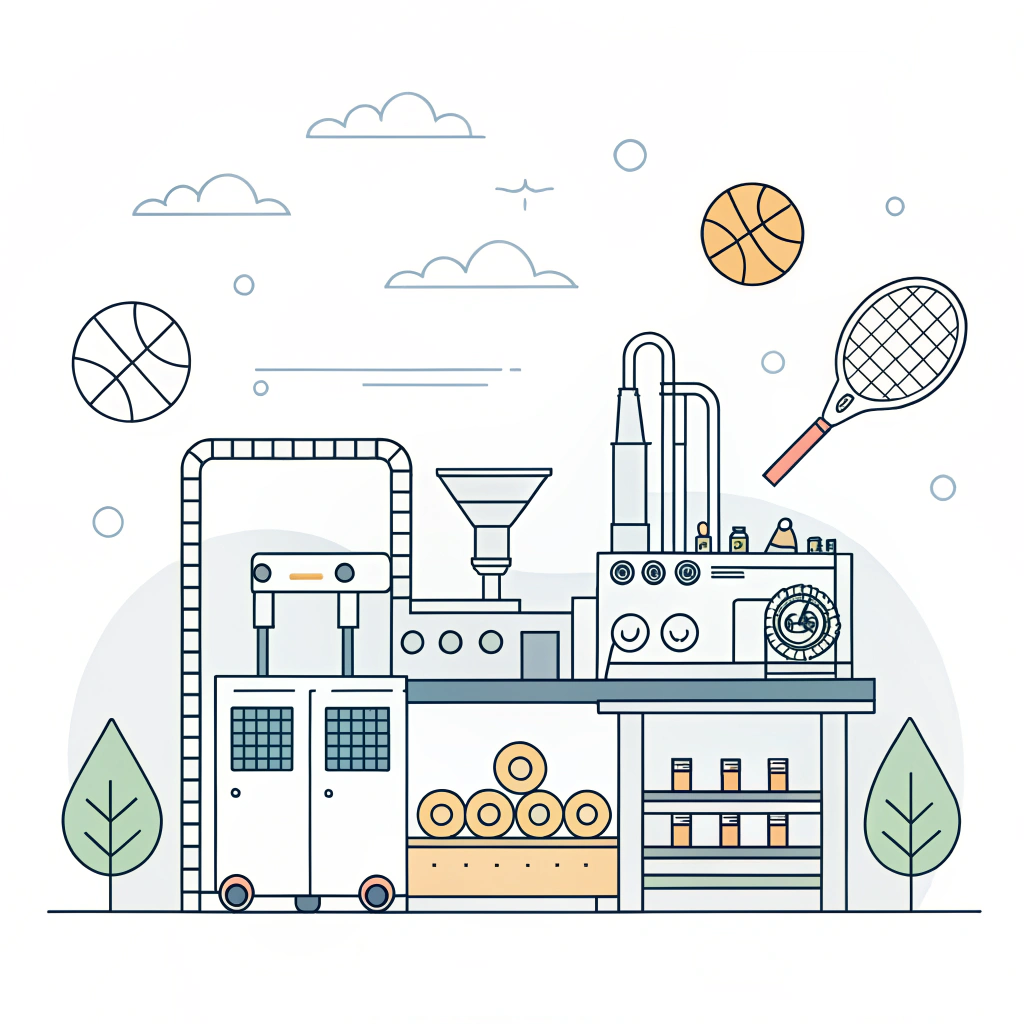 "Minimal 2D illustration showing a modern facility and advanced materials in pickleball equipment production."