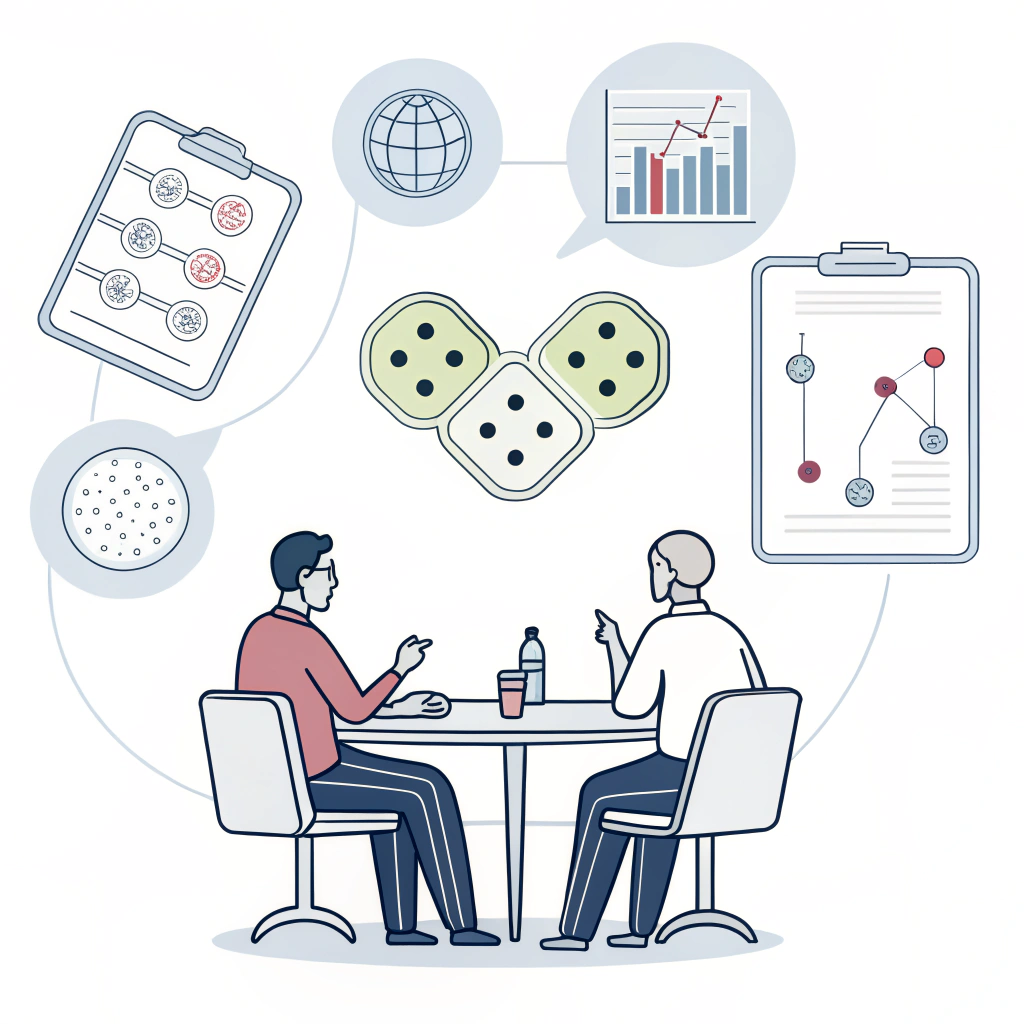 Minimalist illustration of a strategic meeting focused on packaging decisions.