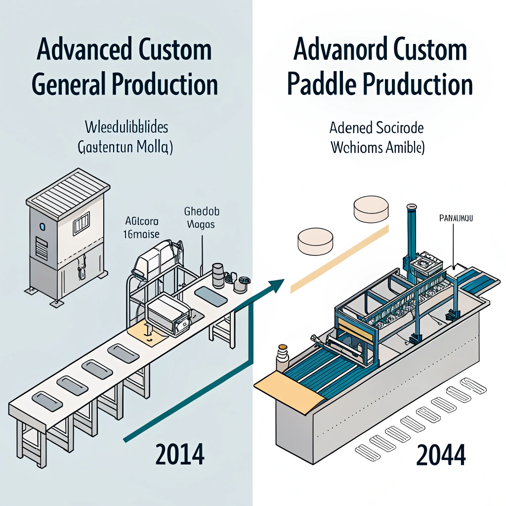 Minimalistic split-scene illustration comparing modern custom paddle production with traditional methods