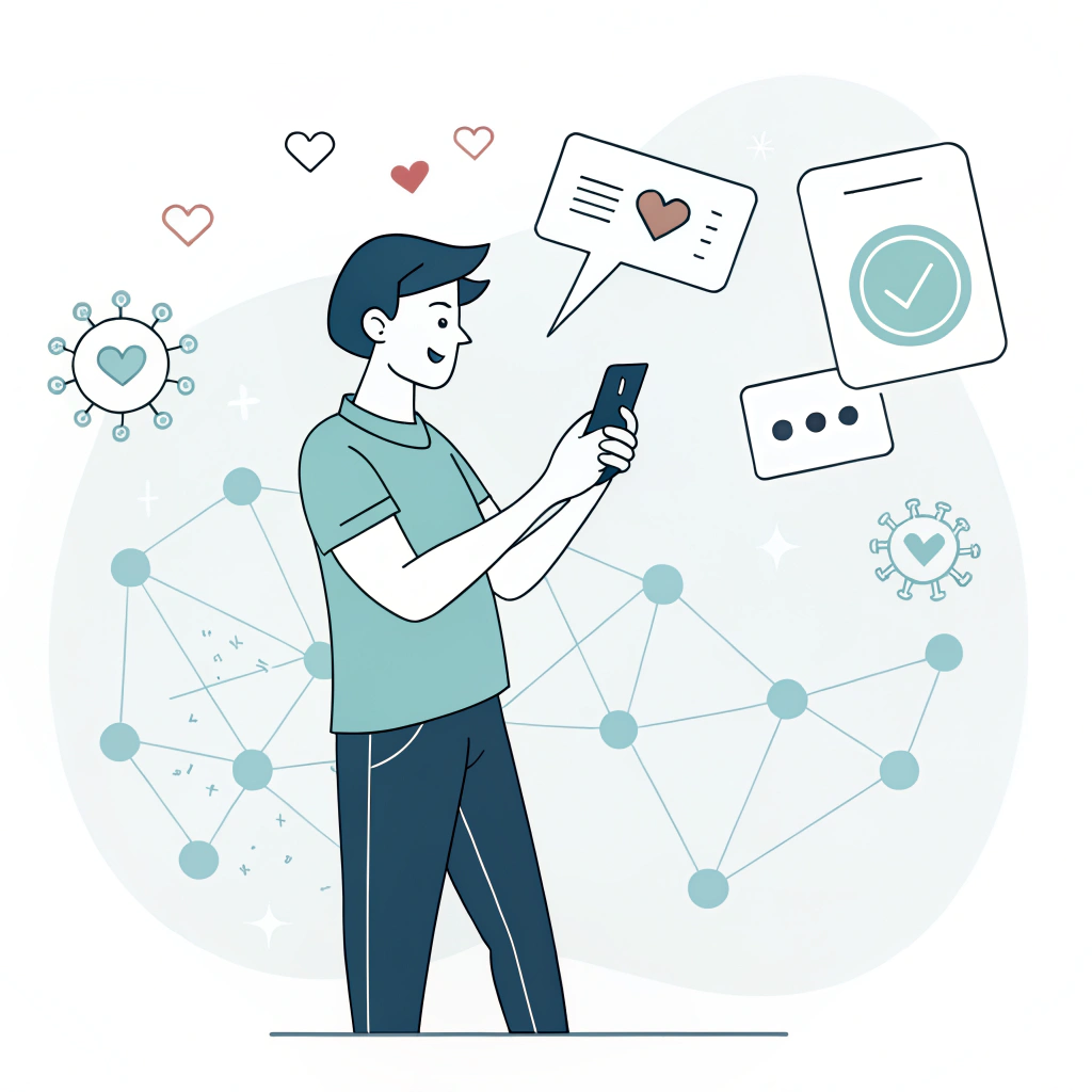 Minimalist illustration of a digital influencer interacting with social media icons.