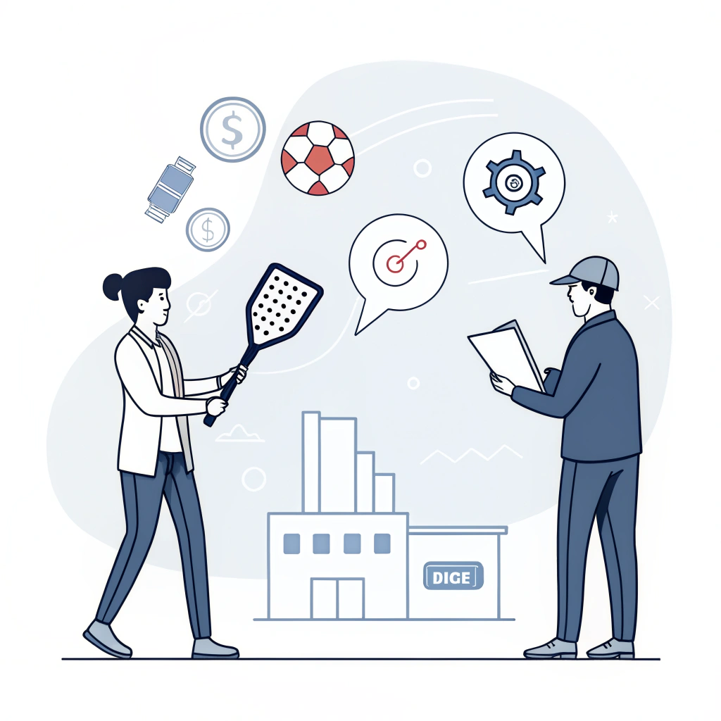Simple flat design of business figures discussing pickleball production strategies.