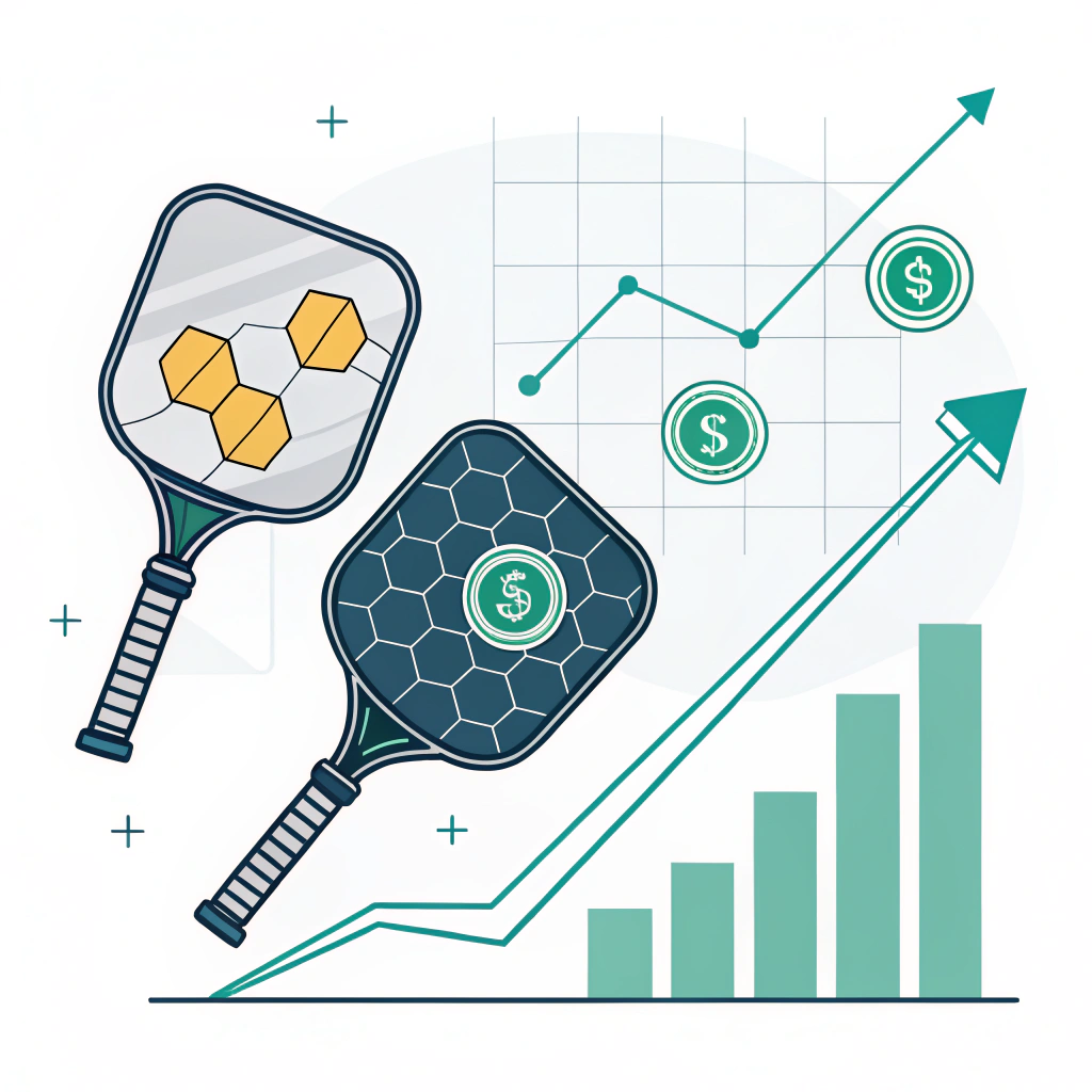 "Minimalist 2D illustration of emerging pickleball market trends and advanced production techniques."