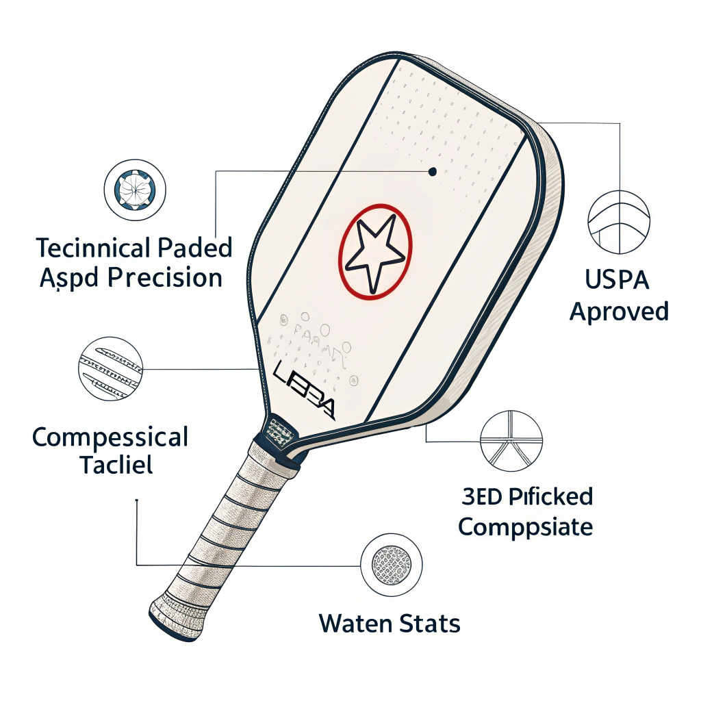 Minimal illustration of a USAPA compliant pickleball paddle with technical elements.