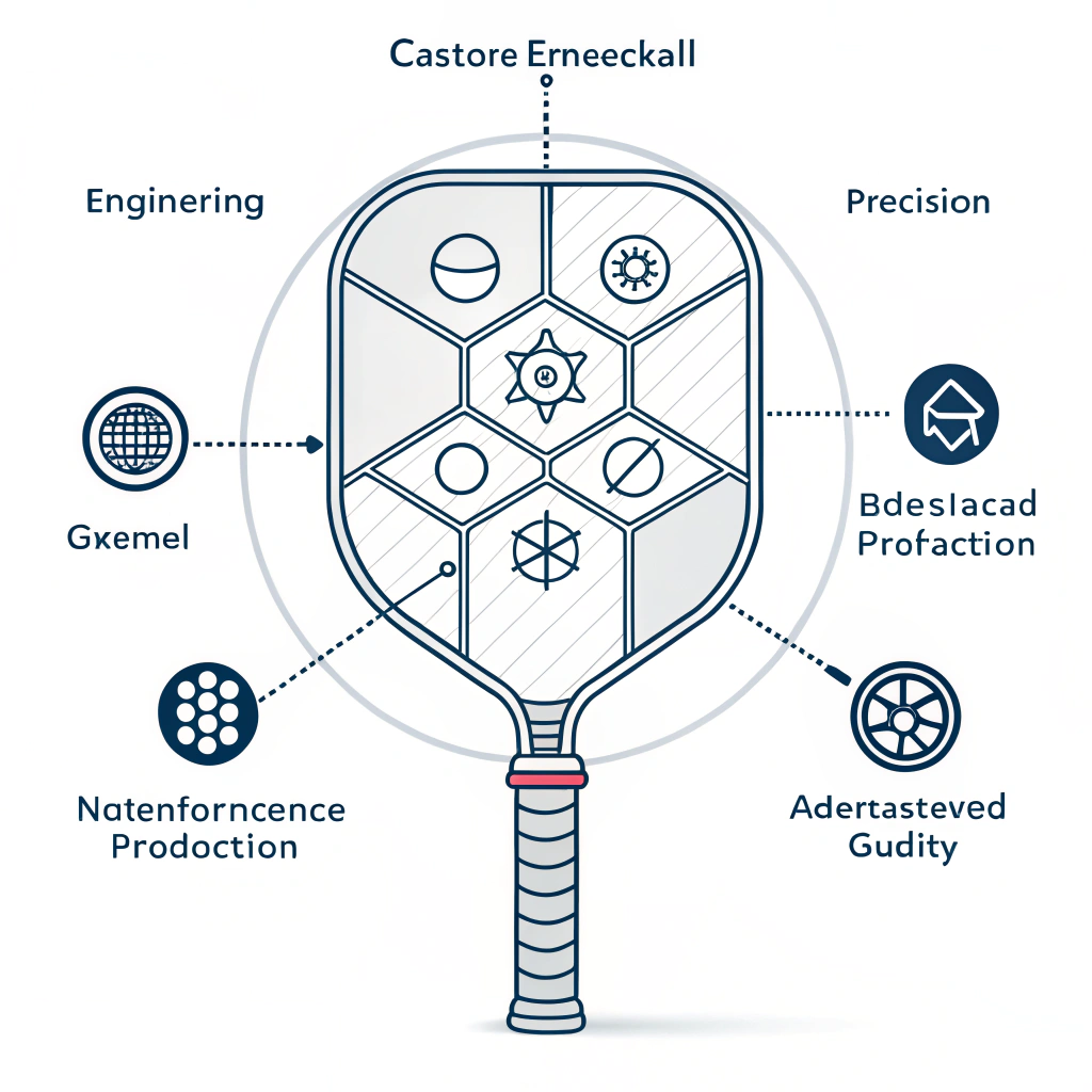 Flat illustration of a custom pickleball paddle with abstract engineering symbols
