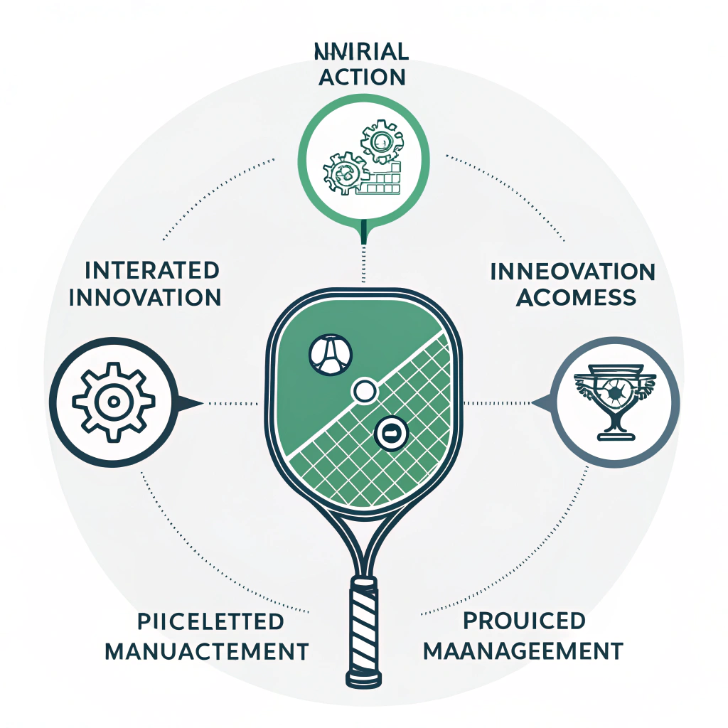 Minimalist 2D illustration summarizing integrated innovation and production process in pickleball manufacturing