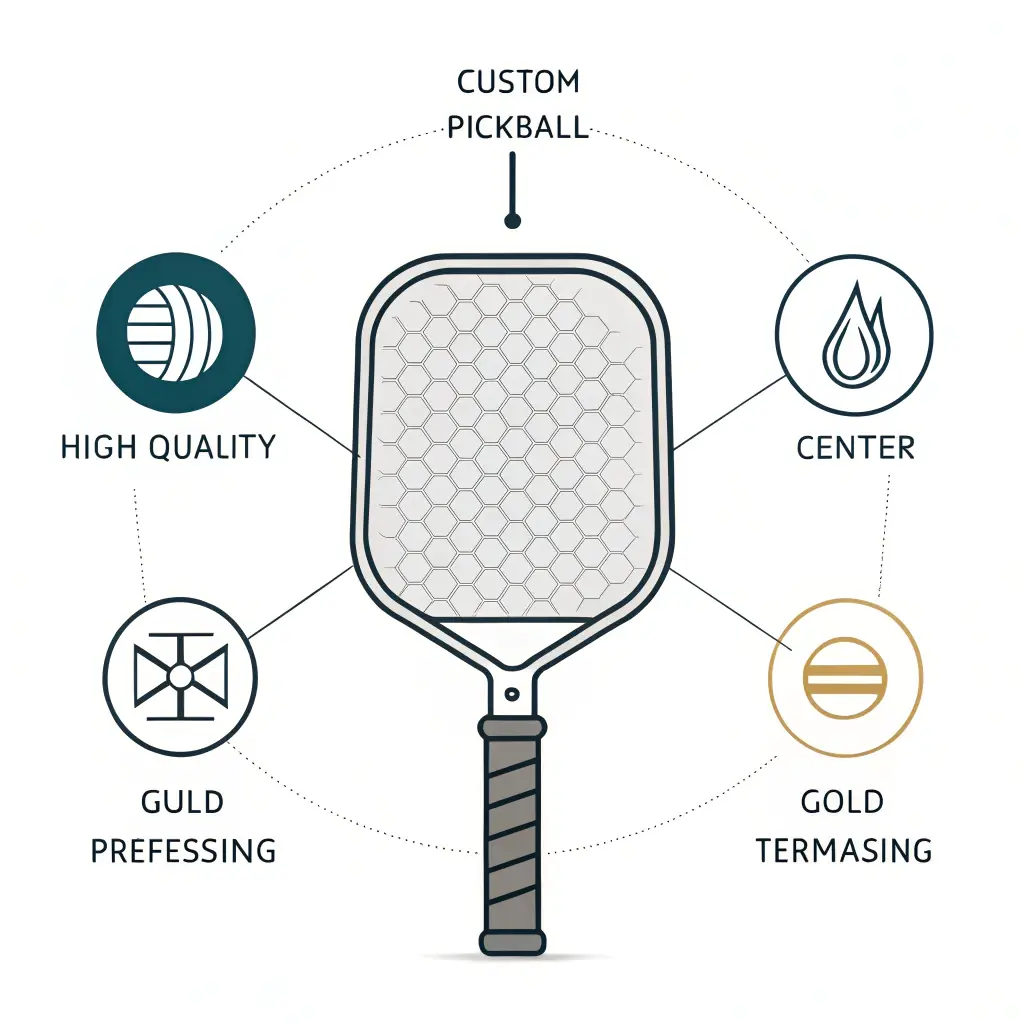 Flat illustration of a custom pickleball paddle with layered material textures and production process icons.