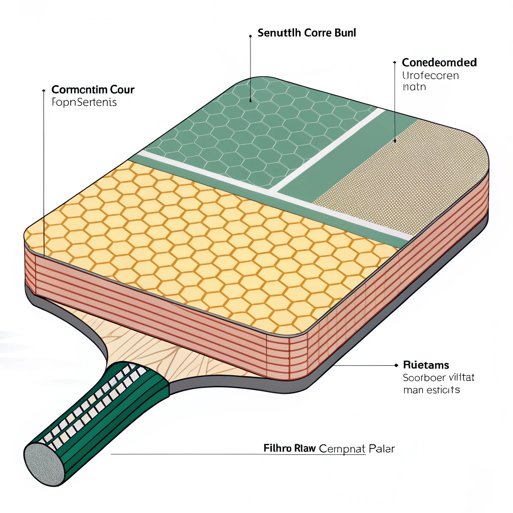 Minimalistic illustration of a pickleball paddle cross-section with honeycomb core and composite layers