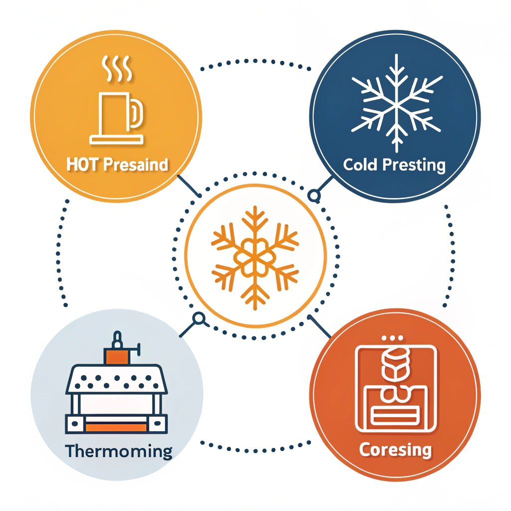Minimal 2D infographic showcasing three manufacturing process techniques.