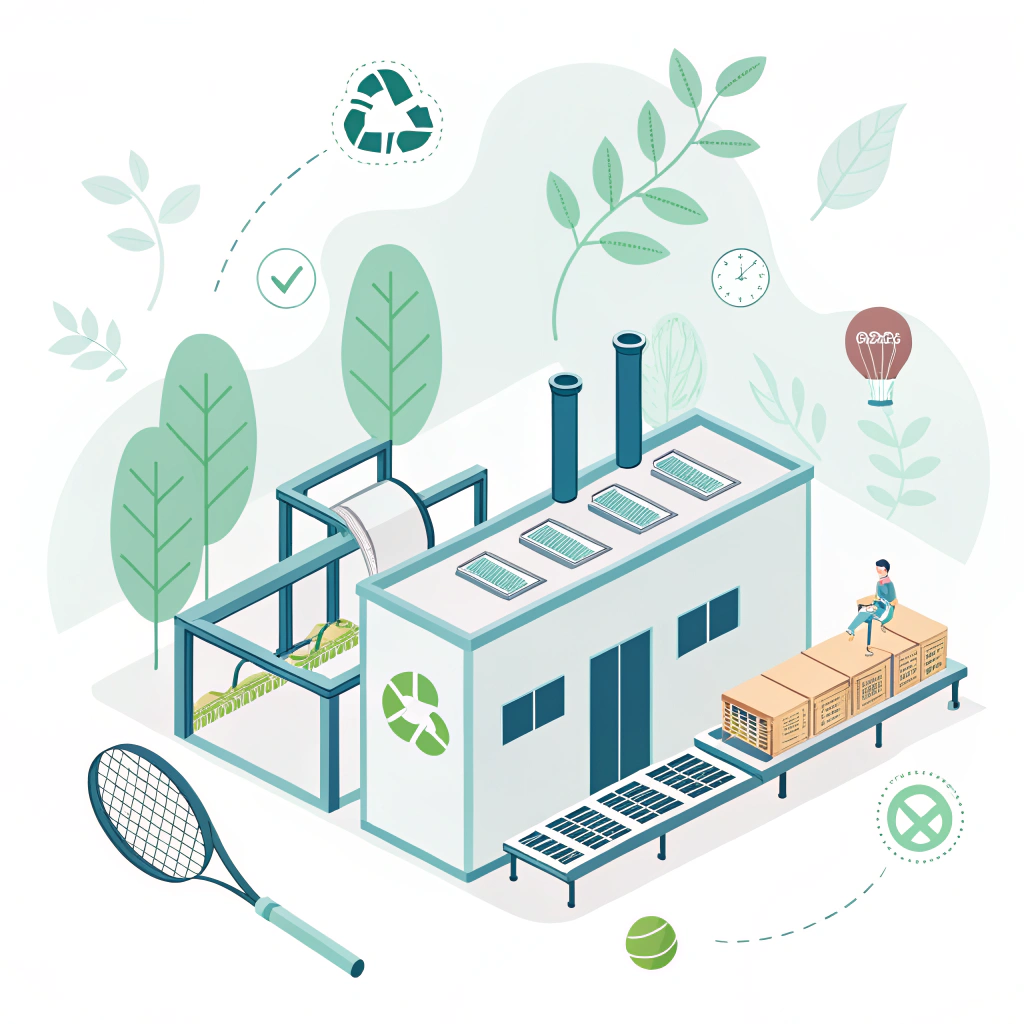 A minimal 2D illustration showing an eco-friendly pickleball manufacturing facility with sustainable design elements.