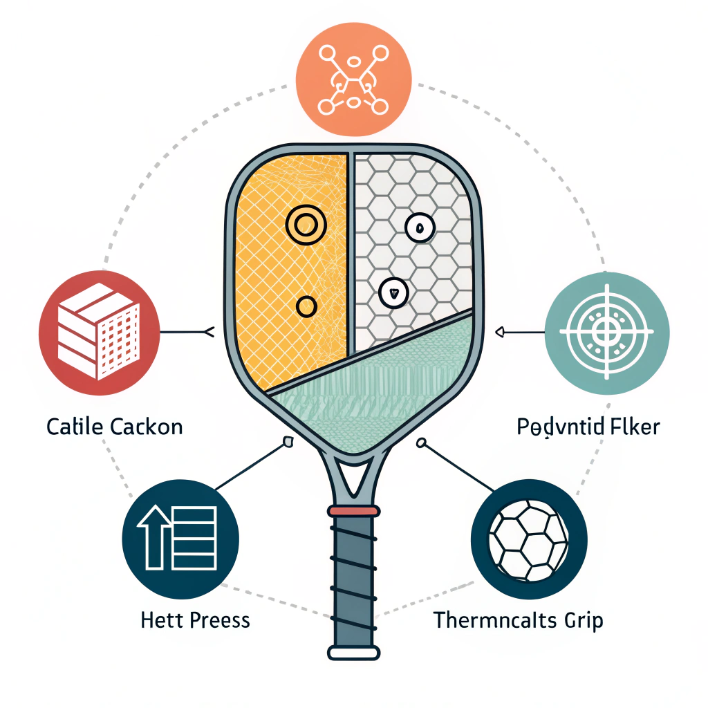 Minimal flat illustration of a layered pickleball paddle with abstract production process elements