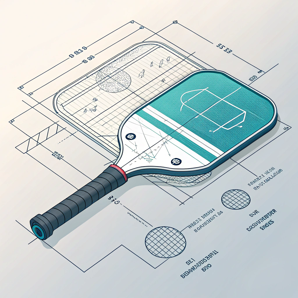 Minimalist 2D illustration blending CAD schematics with pickleball paddle manufacturing concepts.
