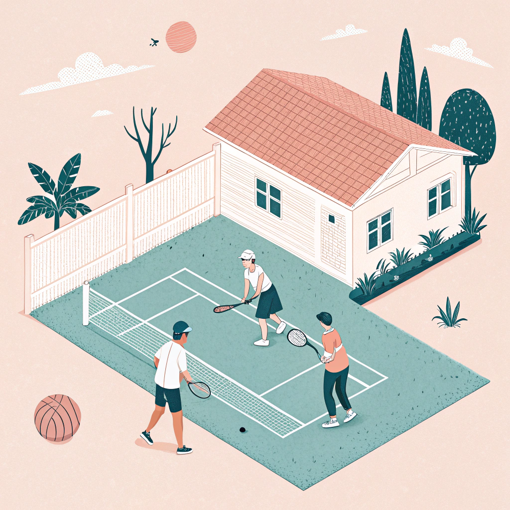Minimalist 2D illustration of a casual backyard pickleball game with simple shapes and pastel colors.