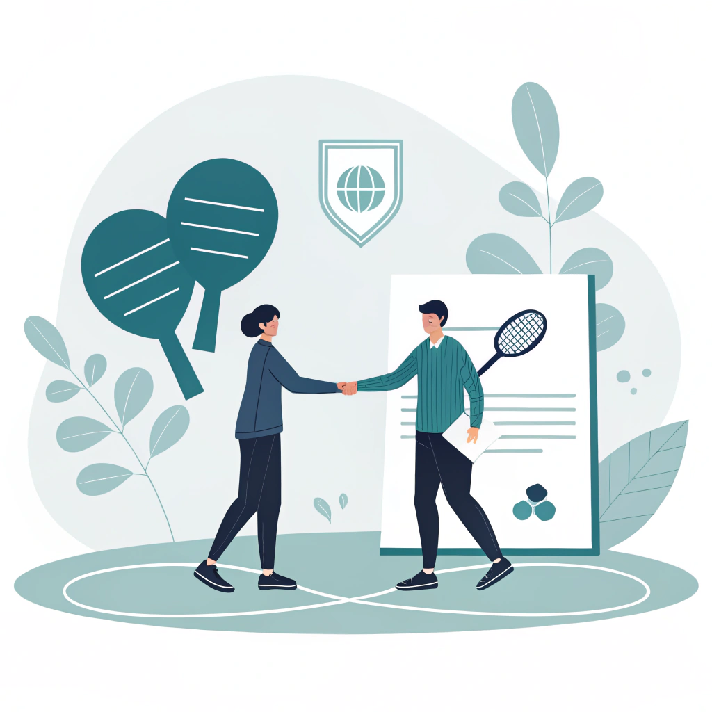 Minimalist flat illustration showing a handshake, contract elements, and pickleball paddle imagery.