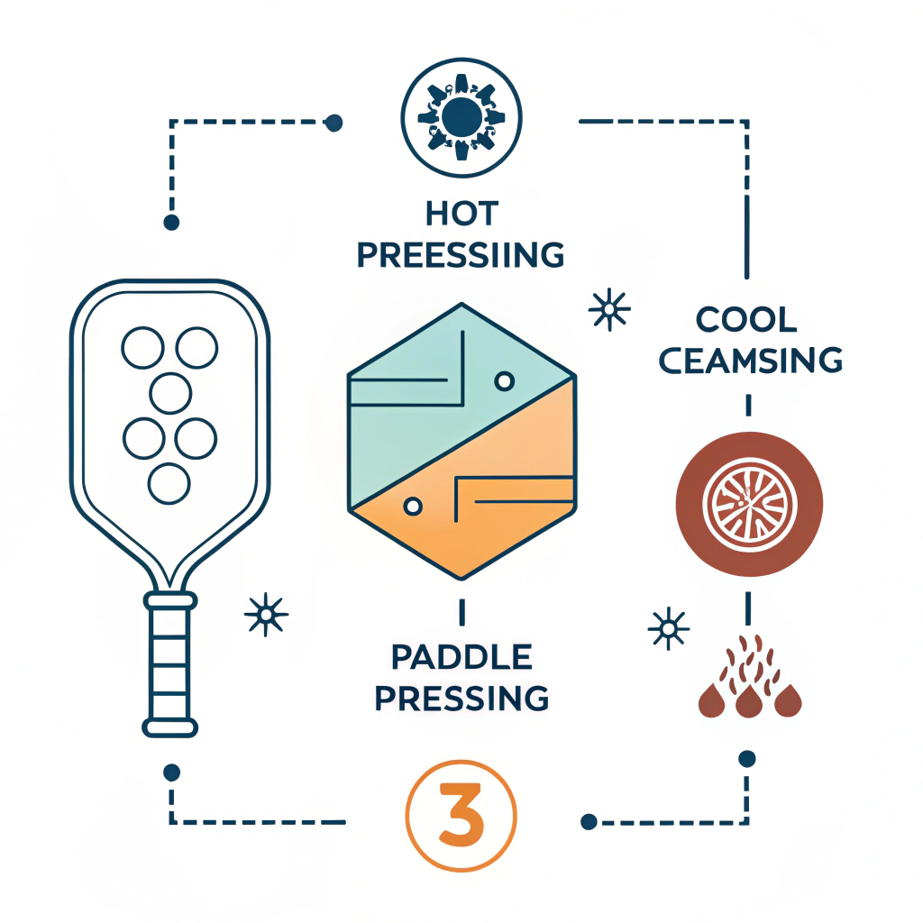 Minimalist illustration showing three distinct production processes for pickleball paddles.