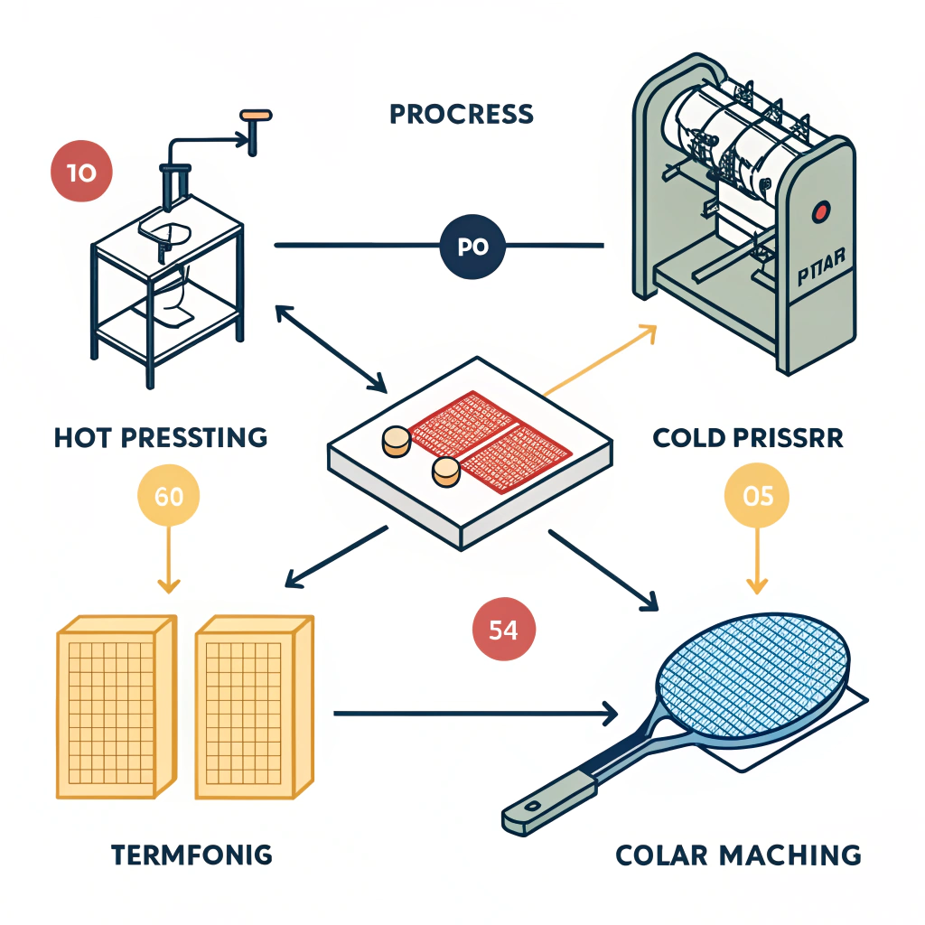 minimal 2D illustration of abstract production process icons for pickleball paddles