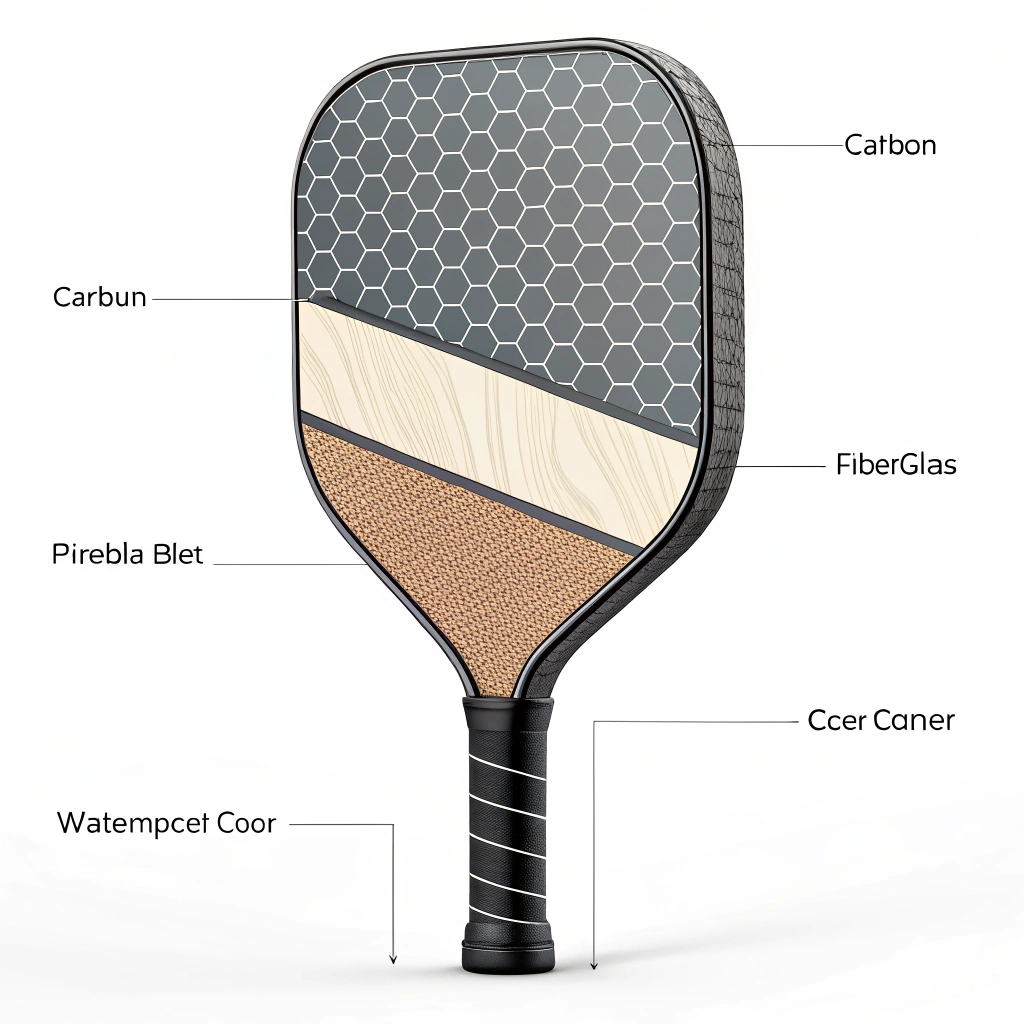 Minimalist cross-section of a pickleball paddle showing layered high-performance materials
