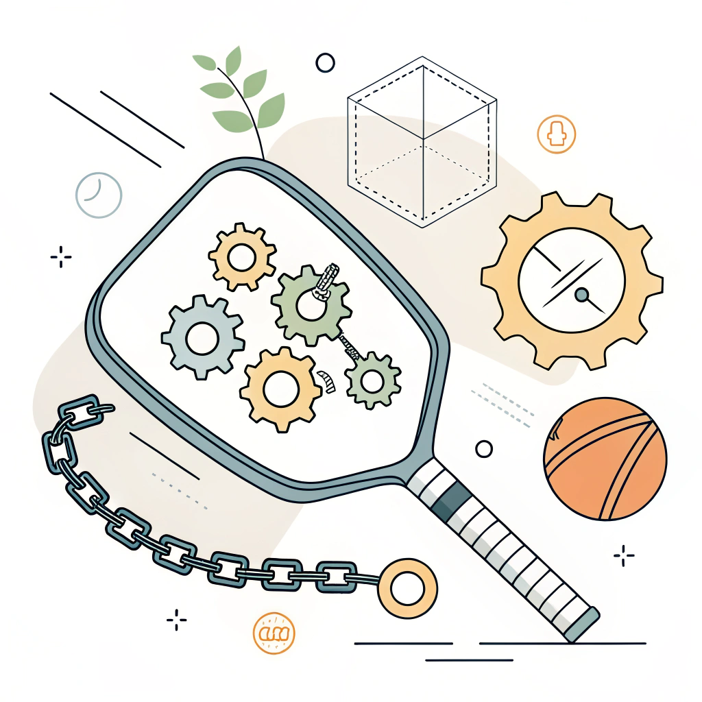 Flat vector art of a pickleball paddle with abstract manufacturing icons