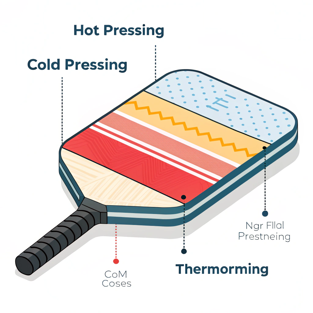Minimalist illustration showing a paddle undergoing abstract manufacturing processes.