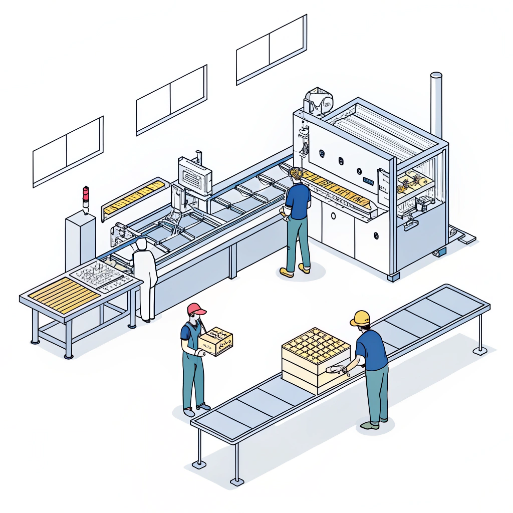 Minimalist illustration of production lines and quality control in a factory.
