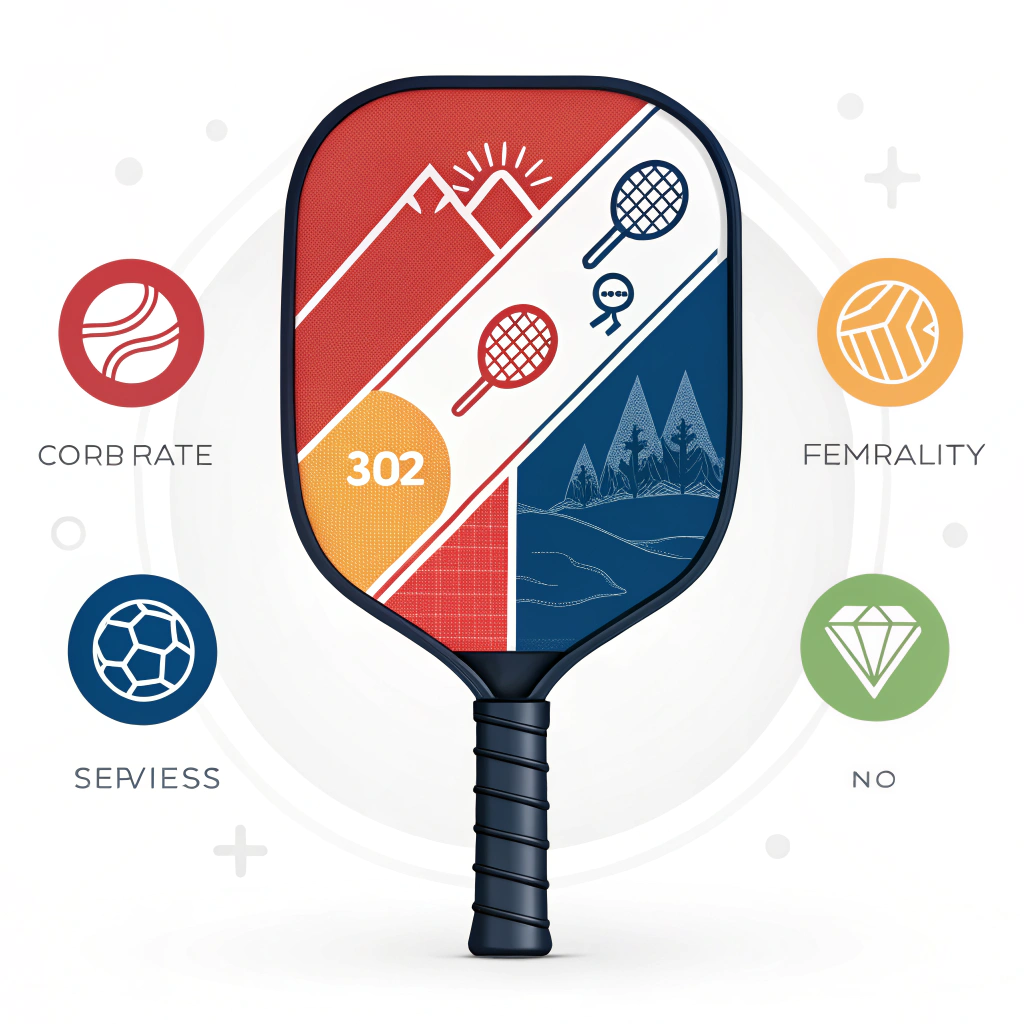 Simplified 2D illustration of a branded pickleball paddle with vibrant design elements
