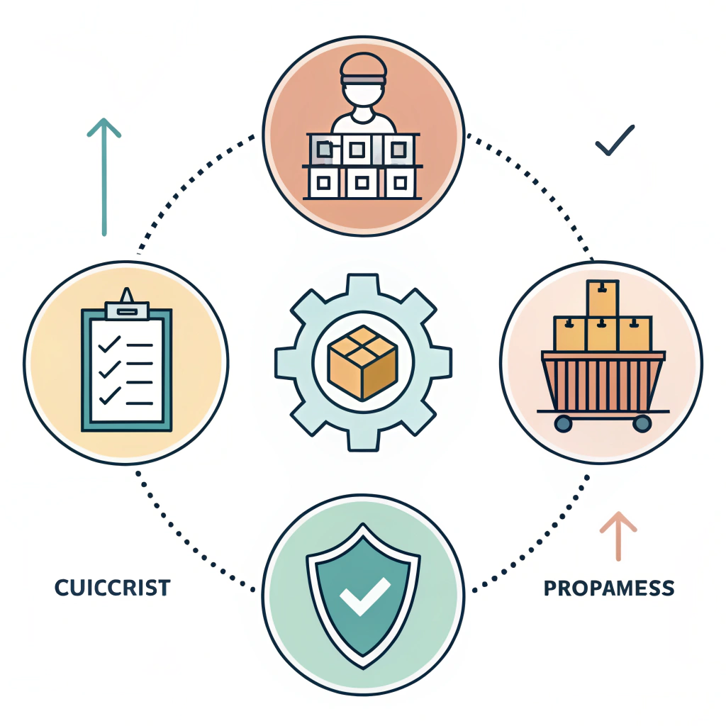 Minimal 2D illustration of risk mitigation strategies in export logistics with interconnected icons