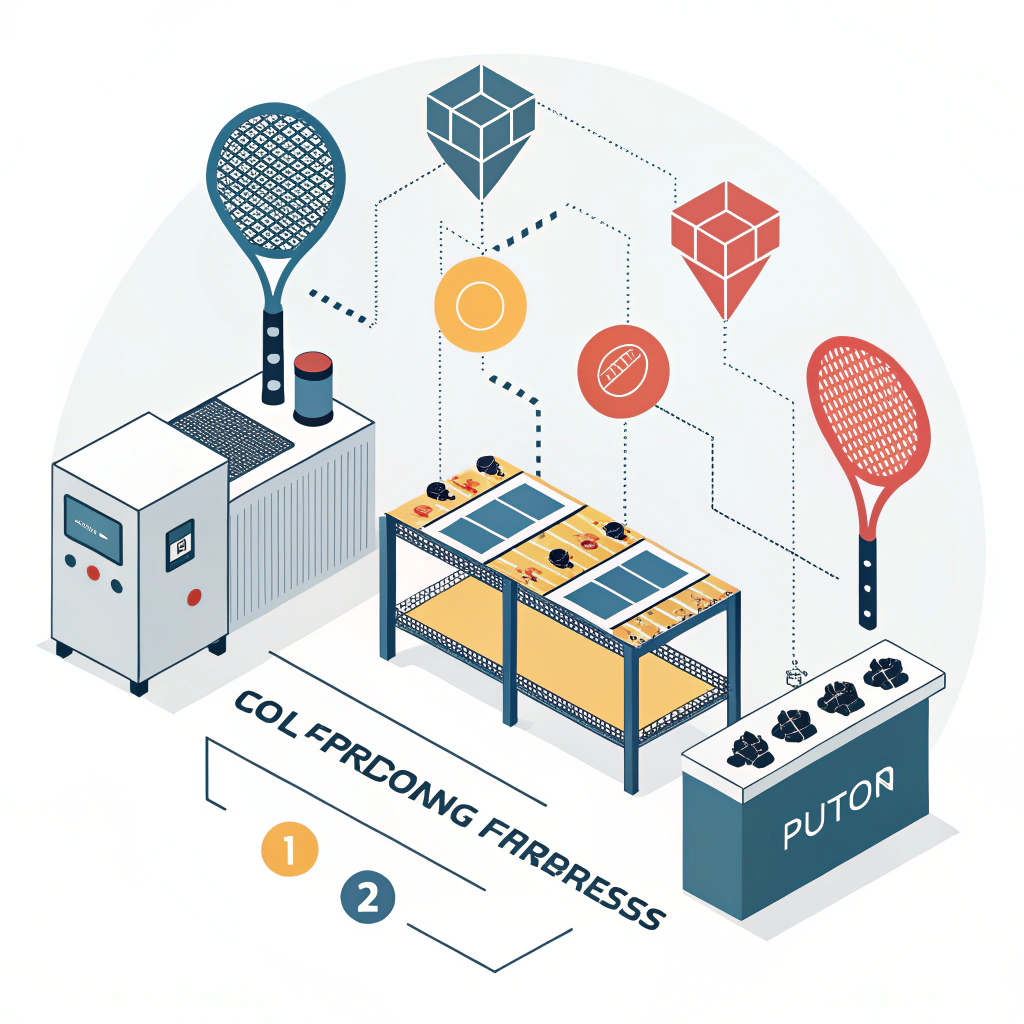 Minimal 2D flat design showing abstract pickleball paddle production and material icons.