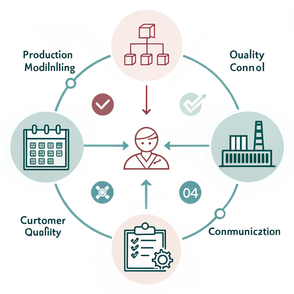 Minimal flat infographic displaying streamlined bulk order manufacturing processes