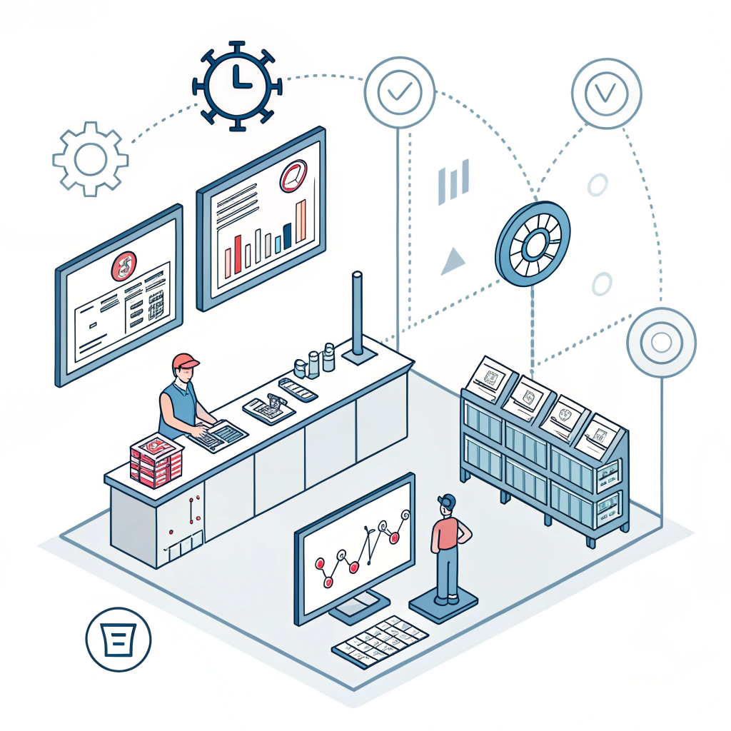 Minimal flat illustration of a control room for optimized manufacturing scheduling