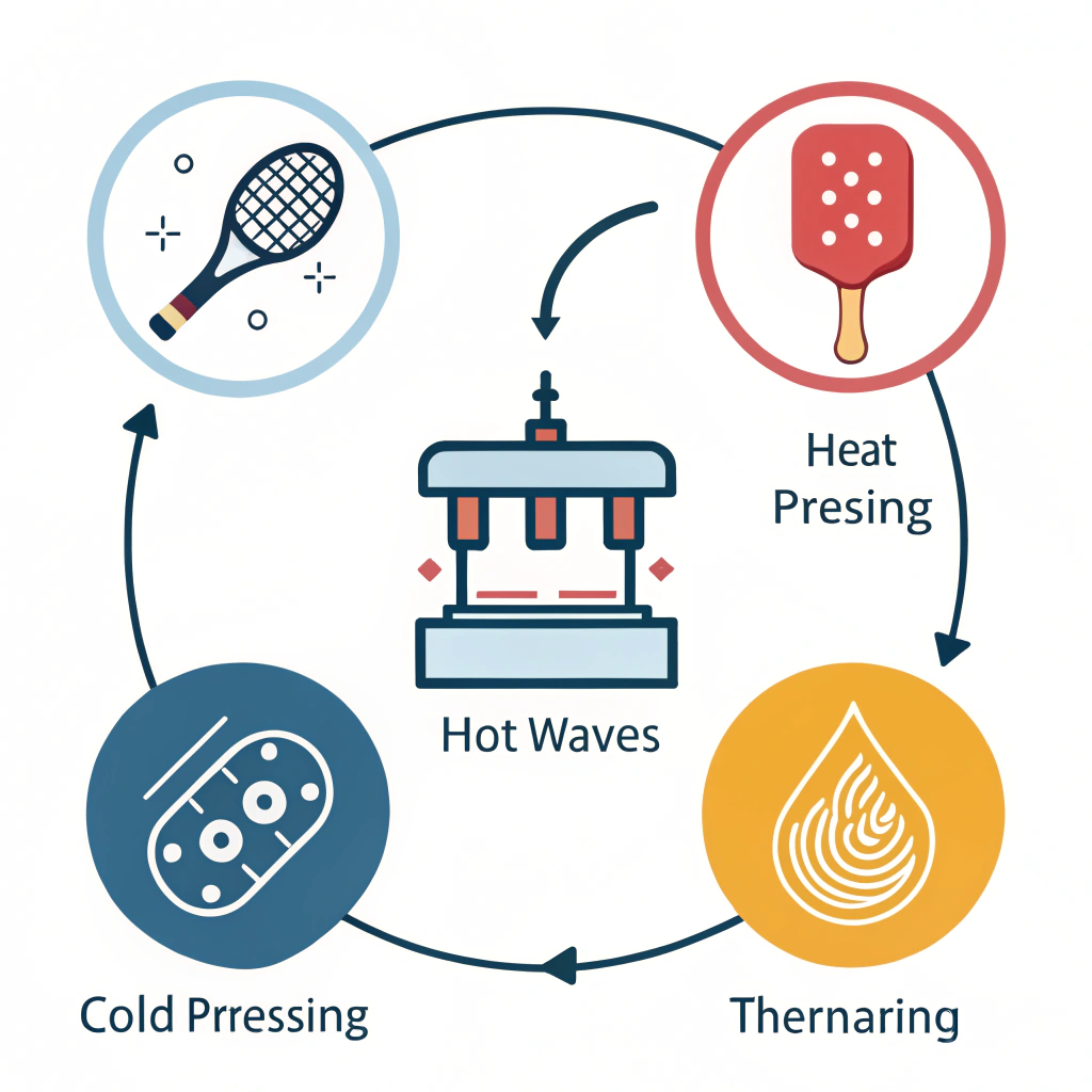 Abstract icons representing hot pressing, cold pressing, and thermoforming with a flat minimalist design.