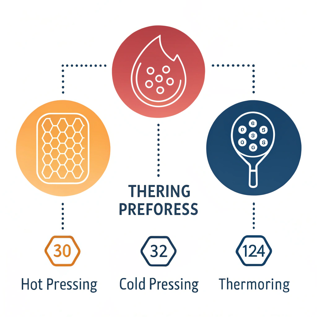 Minimal flat icons illustrating three production methods for pickleball equipment.