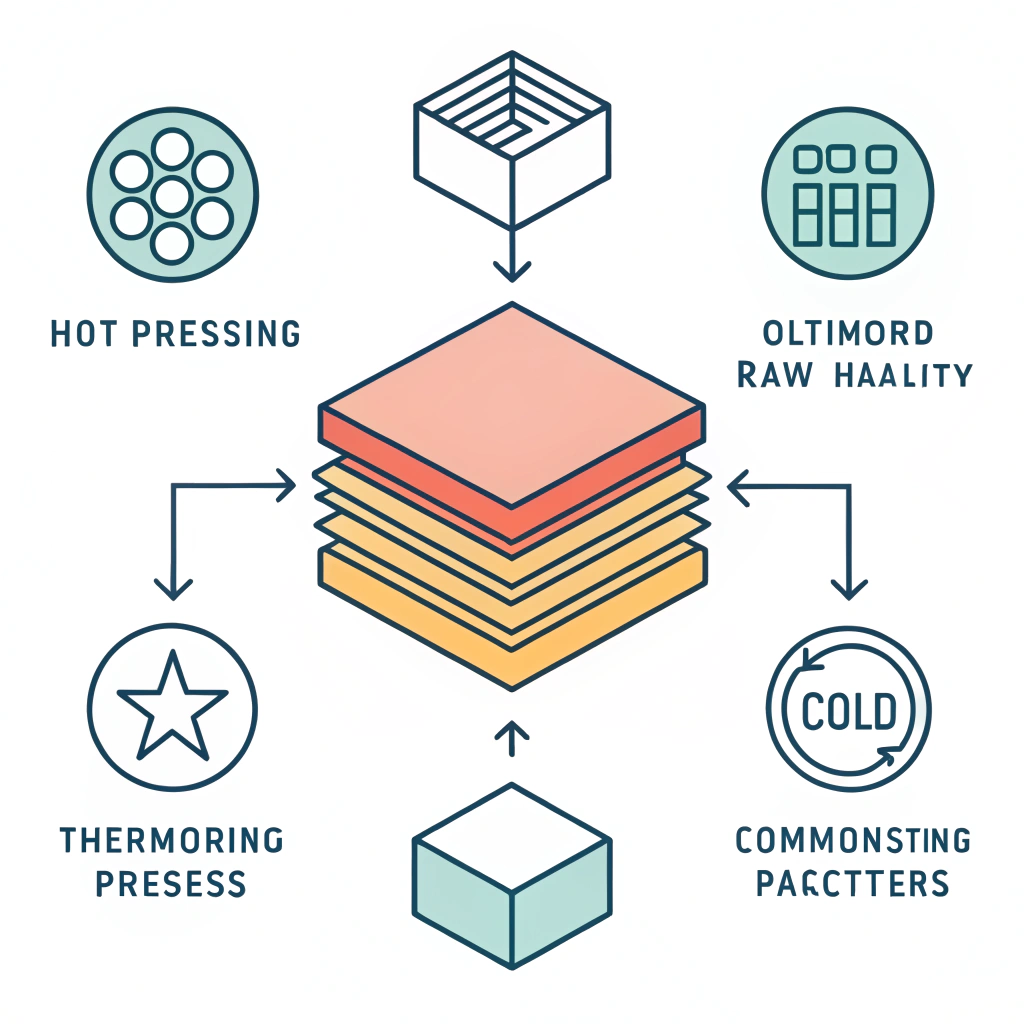 2D minimalist abstract illustration showing consistent raw materials and production techniques in manufacturing.