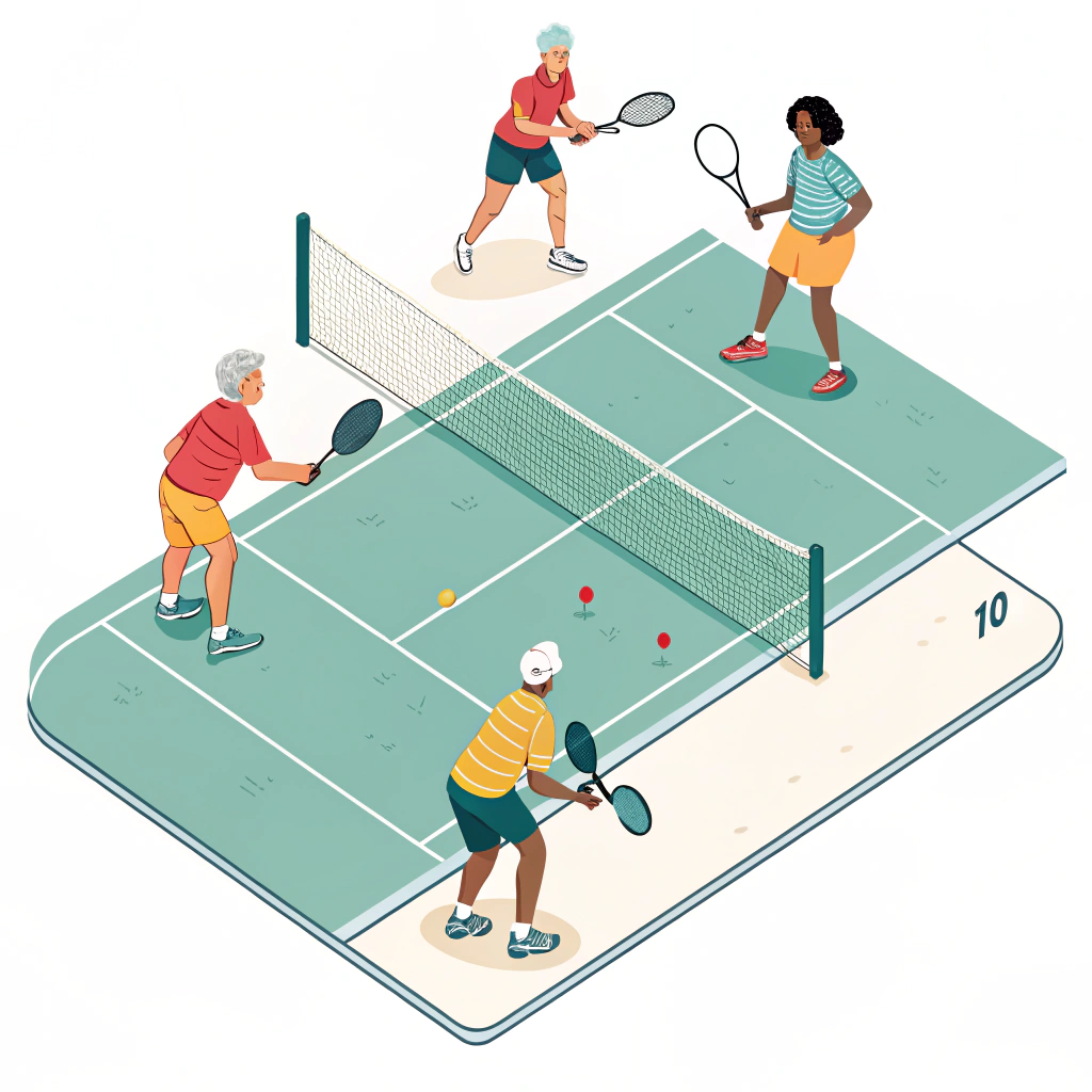 Minimal illustration of diverse pickleball players enjoying a game on a simple court.