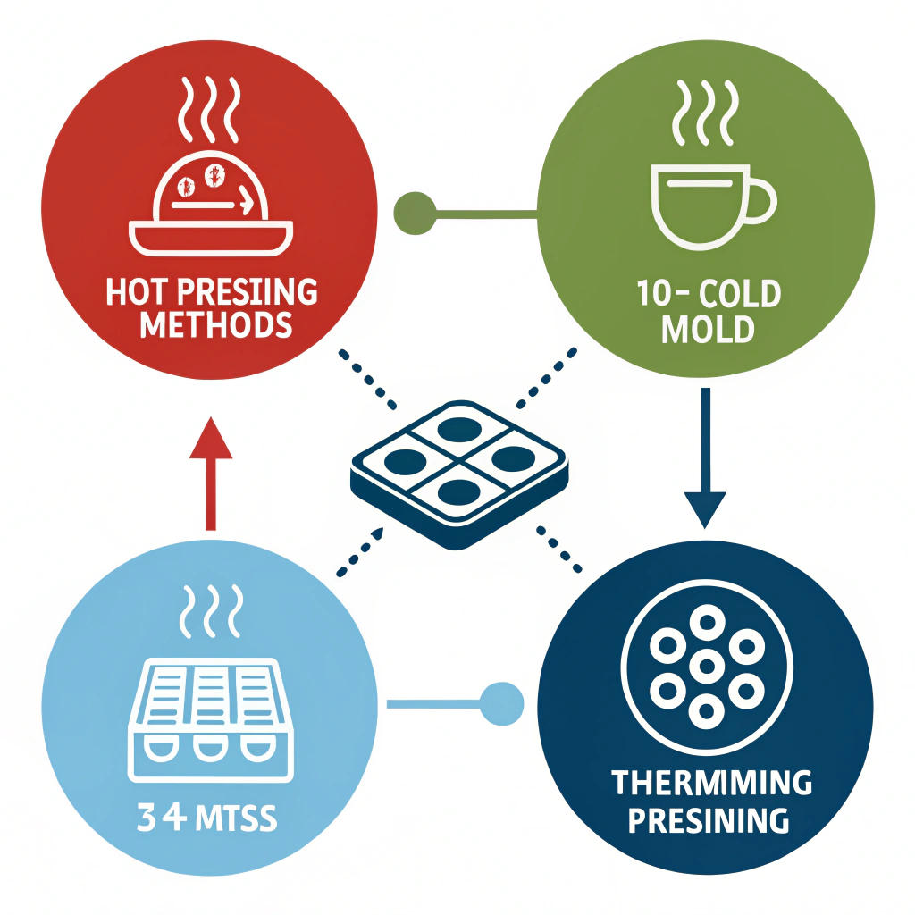 Minimal 2D infographic of hot pressing, cold pressing, and thermoforming processes