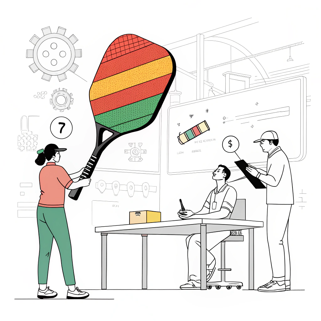 Simplistic illustration of a design consultation for a custom pickleball paddle.