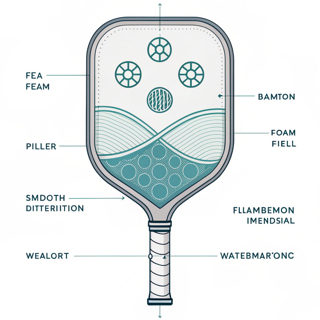 Minimalist vector illustration showing foam injection inside a pickleball paddle cross-section with abstract performance icons.