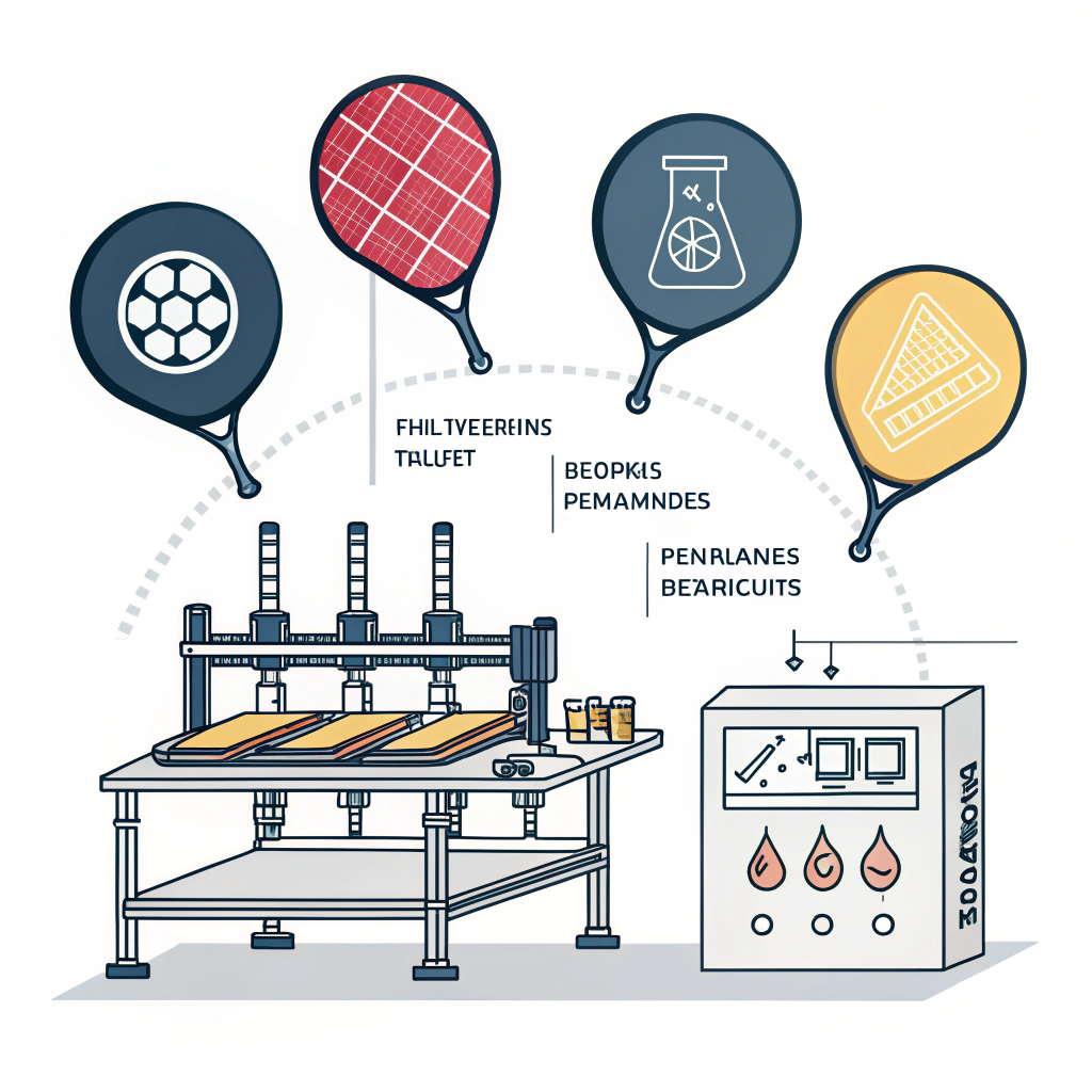 Minimalist 2D illustration of high-tech custom pickleball paddle manufacturing processes.