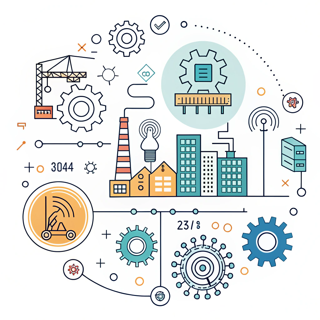"Flat minimalist illustration of futuristic manufacturing trends with digital and mechanical icons."