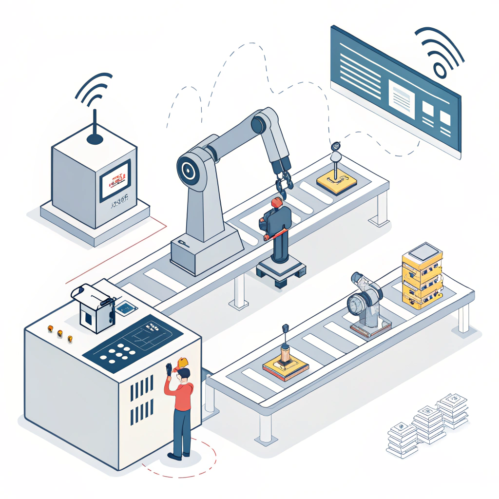 Minimal flat illustration of digital manufacturing tools and sensors