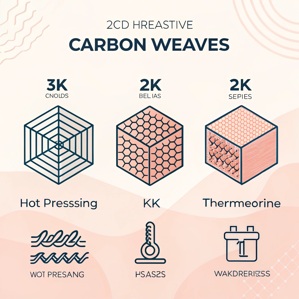 Minimal 2D illustration of abstract carbon fiber weaves and production icons in paddle manufacturing.