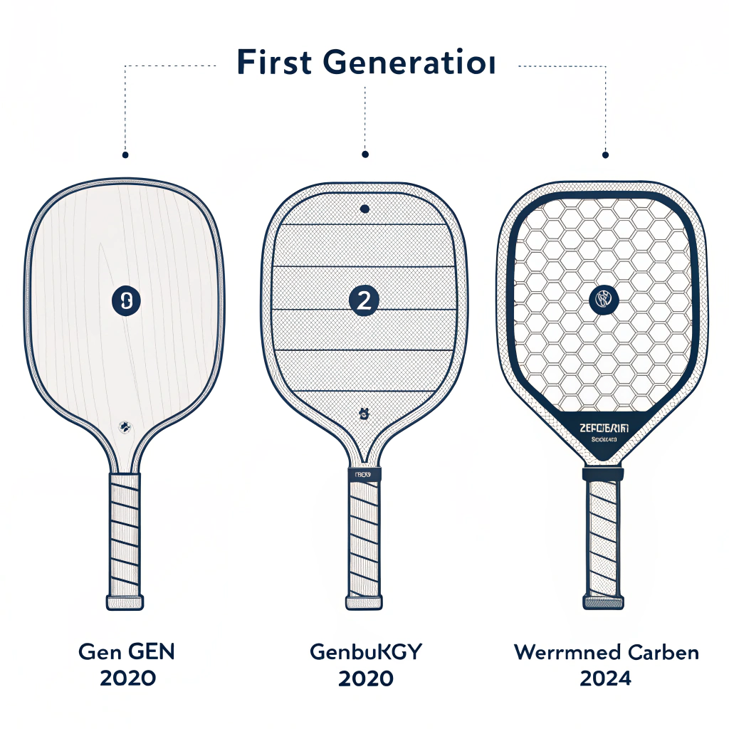 Minimalist 2D illustration depicting three generations of pickleball paddles.