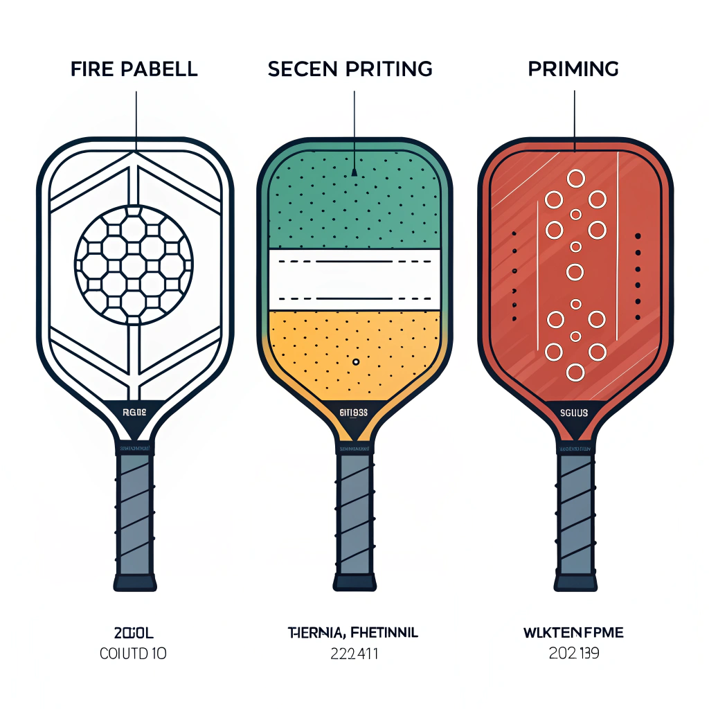 Flat illustration showing three pickleball paddles representing distinct printing techniques.