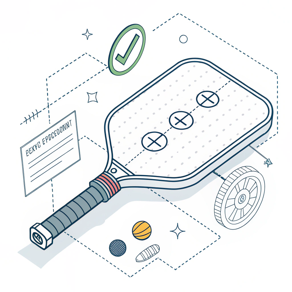 Minimalist 2D quality control scene for a modern pickleball paddle.